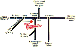 Anreise - Skizze der Anfahrt aus Deutschland, Schweiz, Italien nach Tobadill